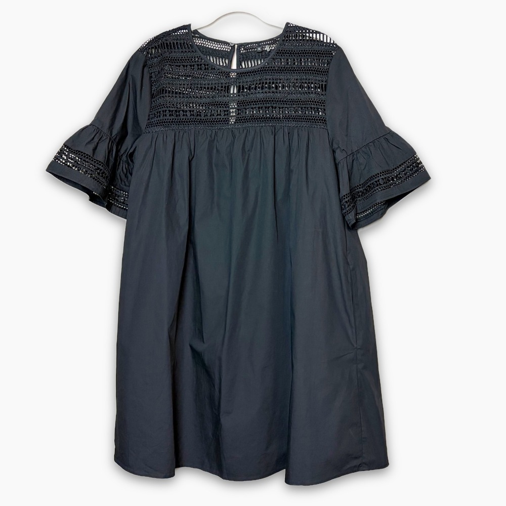 English Factory Black Cotton Poplin Babydoll Dress Crochet Lace Ruffle Mini M